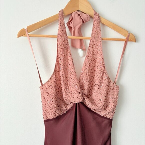 BCBGMaxAzria 100% Silk Beaded Halted Midi Dress Burgundy Pink Size 0 - Picture 3 of 6